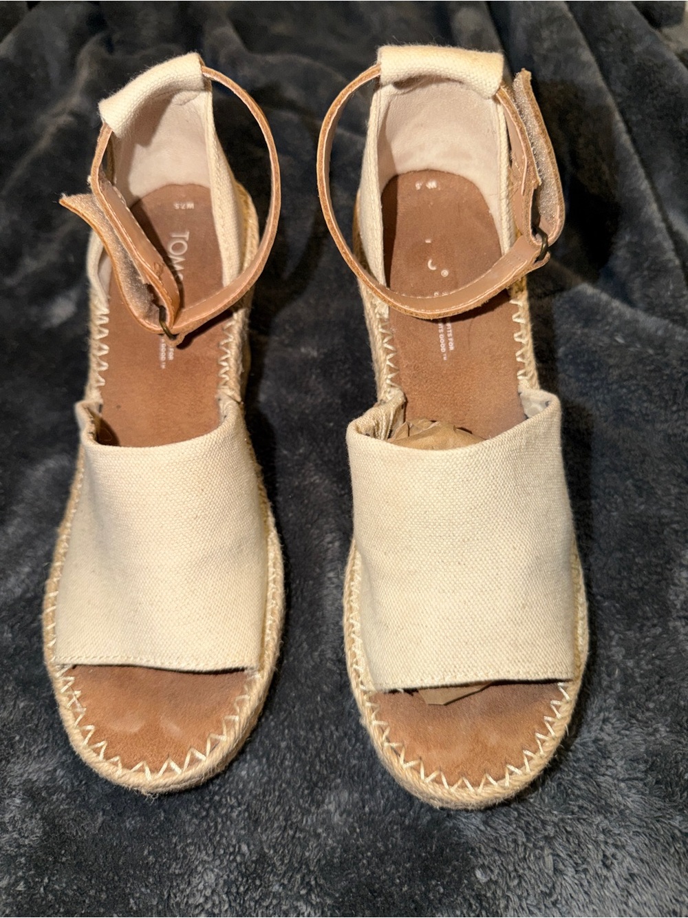 Toms Cream Canvas Espadrille Wedge Sandals with Tan Ankle Strap
